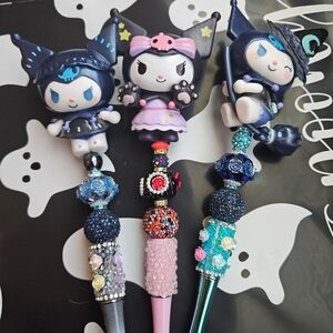 Cute Character Pen Set - Blue, Pink, Black Kuku Fancy Beaded Pen. Handmade.